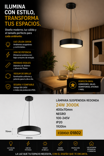 [01802] Lampara Suspendida Redonda 24W 3000K 400x70mm Negro 100-245V IP20 1920lm
