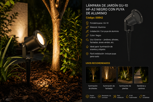 [00842] Lampara de Jardín GU-10 HF-A2 Negro con Puya de Aluminio