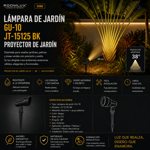 [05088] Lampara de jardin gu-10. JT-15125 BK proyector de jardín aluminio c/puya plástica color negro