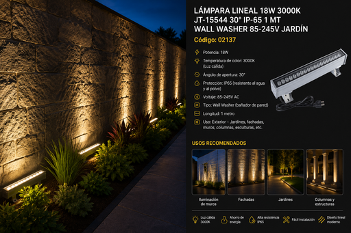 [02137] Lampara Lineal 18w 3000K JT-15544 30º IP -65 1 MT WALL WASHER 85-245V Jardín