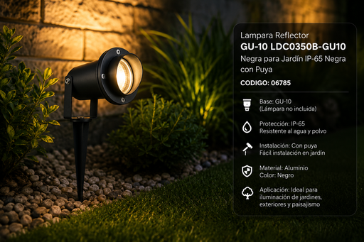 [06785] Lampara Reflector GU-10 LDC0350B-GU10 Negra para Jardín IP-65 Negra con Puya