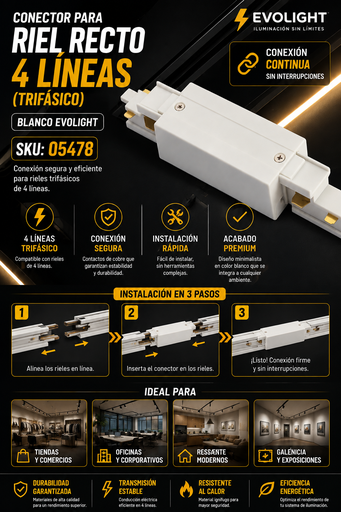 [05478] Conector para Riel Recto 4 Líneas (Trifásico) Blanco EVOLIGHT
