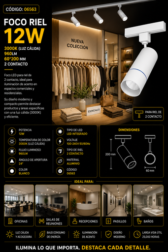 [06563] Foco Riel 12W 3000K B30330 WH 24º Blanco 960LM 60*200 mm 2 Contactos ROOMLUX