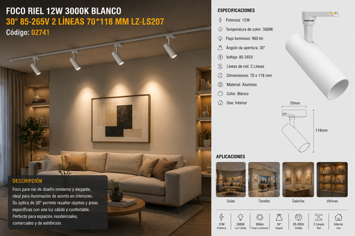 [02741] Foco Riel 12W 3000K Blanco 30° 85-265V 2 Líneas 70*118 mm LZ-LS207