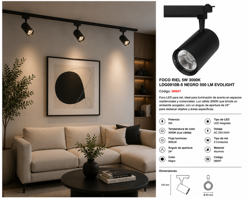 [06647] Foco Riel 5W 3000K LDG0910B-5 Negro 500 lm EVOLIGHT