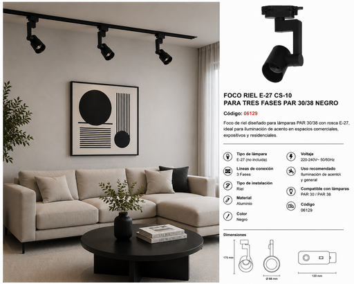 [06129] Foco Riel E-27 CS-10 para Tres Fases PAR 30/38 Negro