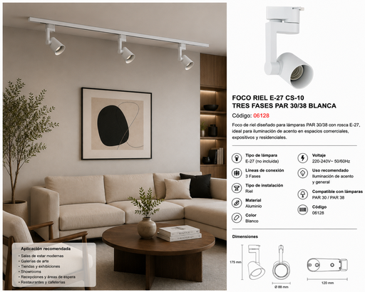 [06128] Foco Riel E-27 CS-10 Tres Fases PAR 30/38 Blanca