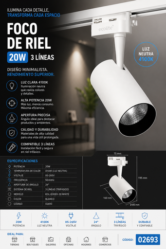 [02693] Foco de Riel 20w 4100k KDL-G3003-20 WHITE 3 LINEAS 85-265V