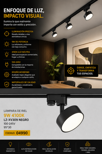 [04990] Lampara de Riel 9W 4100k LZ-XV309 Negro 100-245v 95*30