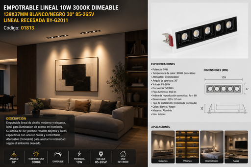 [01813] Empotrable Lineal DOTS 10W 3000K Dimeable 139X37mm Blanco/Negro 30° 85-265V Lineal Recesada BY-G2011