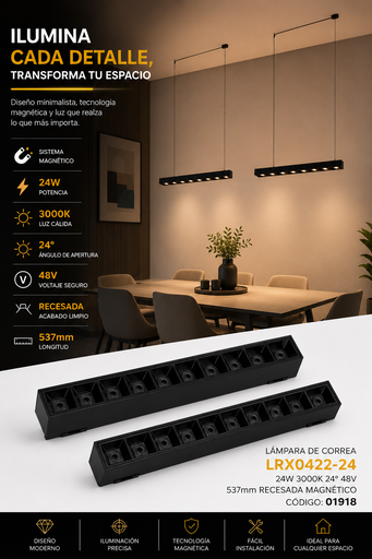 [01918] Lampara de Correa 24w 3000K LRX0422-24 24° 48v 537 mm Recesada Magnético