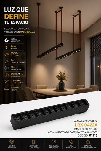 [01915] Lampara de Correa 24w 3000k LRX 0422A 24° 48v 605 mm Recesada Basculante Magnético