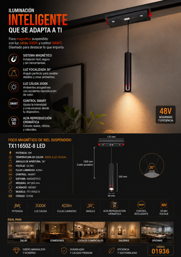 [01936] Foco Magnético de Riel Suspendido 8w 3000K TX11650Z-8 LED 36º DC48V 420lm SMART Magnético 40*260