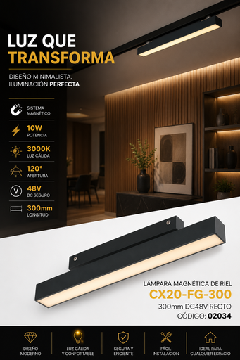 [02034] Lampara Magnética de Riel 10w 3000k CX20-FG-300 300mm DC48V RECTO 091376