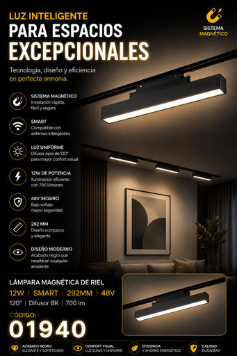[01940] Lampara Magnética de Riel 12W SMART TX1240Z-12 292mm 120º 48 v Difusor BK 700 lm