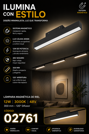 [02761] Lampara Magnética Riel 12w 3000K 300 mm 120º 48 v Difusor 20-6210