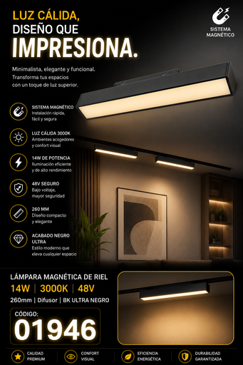 [01946] Lampara Magnética Riel 14W 3000K TX2240S-14 260mm 48v Difusor BK ULTRA NEGRO