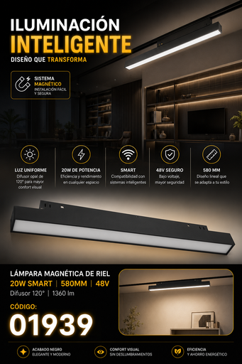 [01939] Lampara Magnética de Riel 20W SMART 580mm TX1250Z-20 120º 48 v 1360 lm Difusor 120º BK
