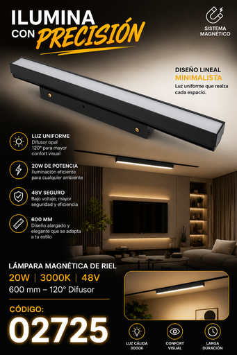 [02725] Lampara Magnética de Riel 20W 3000k 600 mm BY-ZX5012 120º 48 v Difusor 120 º