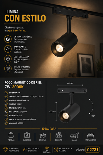 [02731] Foco Magnético Riel 7W 3000K 48*100 mm 24º DC48V Magnético LZ-GD7