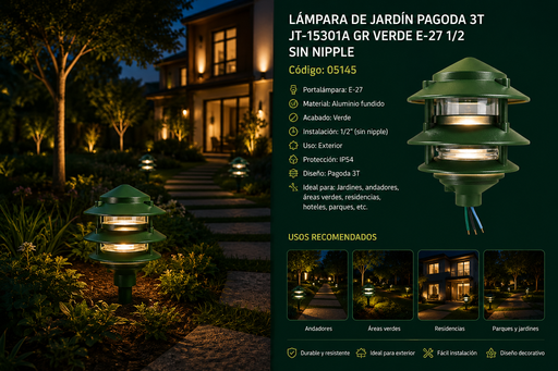 [05145] Lampara de Jardín Pagoda 3T JT-15301A GR Verde E-27 1/2 Sin Nipple