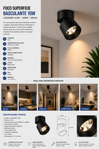 [01976] Foco Superficie Basculante 10w 3000K LDG2920B-10 BK 600LM 72 X 132 mm EVOLIGHT