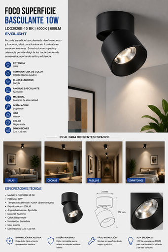 [01974] Foco Superficie Basculante 10W 4000K LDG2920B-10 BK 600LM 72 X 132 mm EVOLIGHT