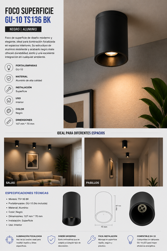[02073] Foco Superficie GU-10TS 136 BK Aluminio Negro107 mm *70 mm EVOLIGHT