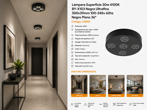 [01858] Lámpara Superficie 30w 4100K DOTS BY-X103 Negra Ultrafina 300x39mm 100-245v 60hz Negro Plano 36º