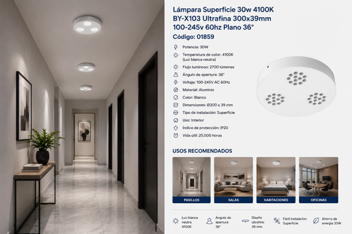 [01859] Lámpara Superficie 30w 4100K DOTS BY-X103 Negra Ultrafina 300x39mm 100-245v 60hz Negro Plano 36º
