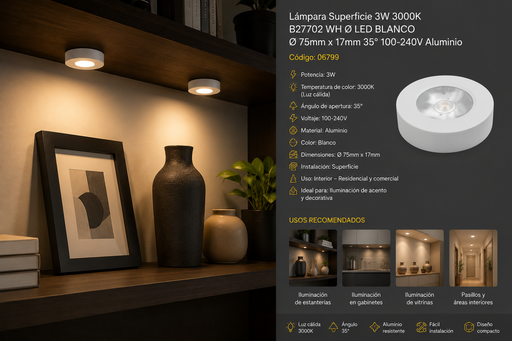 [06799] Lámpara Superficie 3W 3000K B27702 WH Ø LED Blanco Ø 75mm x 17mm 35° 100-240V Aluminio