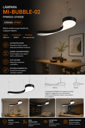 [07400] Lampara FPMI002-07400B MI-BUBBLE-02 L=1390mm, Suspendido, Abajo, Helado, 4000 K,