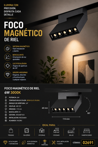 [02691] Foco Magnético de Riel LED 6W 3000K Recesado Basculante 24° 48V DC