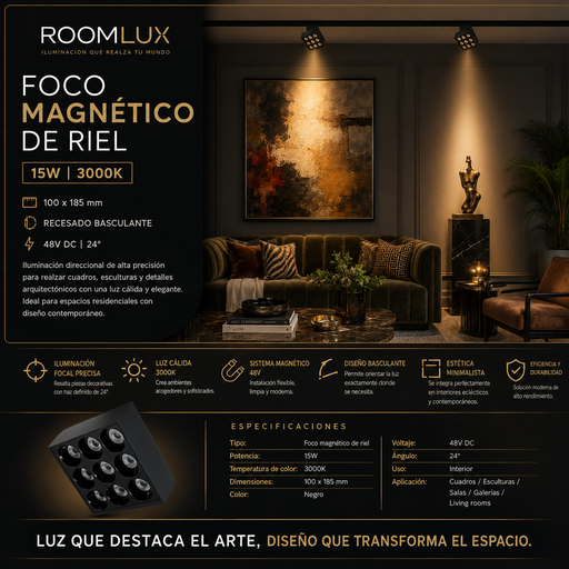 [02696] Foco magnético de riel 15W 3000k 100*185*mm recesado basculante 48v dc 24º