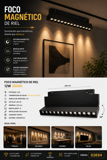 [02694] Foco Magnético de Riel 12 w 3000k 220 mm Basculante Recesada 24º, 48v DC
