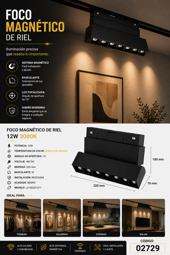 [02729] Foco Magnético de Riel 12W 3000K LZ-GDZD12*1 220 mm 15º 48v DC Recesada Basculante
