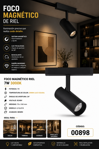 [00898] Foco Magnético Riel 7W 3000K LZ-QJ218 24º DC48V 70*160 mm