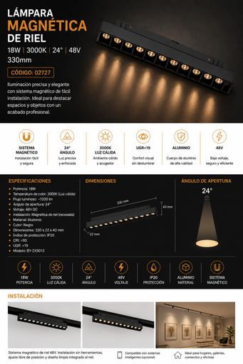 [02727] Lampara Magnética de Riel 18W 3000K 330mm 24° 48 v Recesada BY-ZX5013