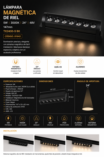 [01942] Lampara Magnética de Riel 5W 3000K 147mm 24° 48 V 115*33*52 mm Recesada TX2430-5 BK Magnético