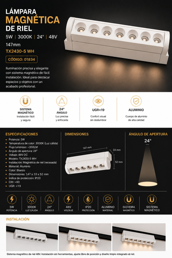 [01834] Lampara Magnética de Riel 5W 3000K 147mm 24° 48 V 115*33*52 mm Recesada TX2430-5 WH Magnético