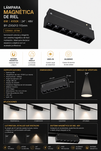[02786] Lampara Magnética de Riel 6w 4100K 115mm BY-ZX5013 24° 48 V Recesada Magnético