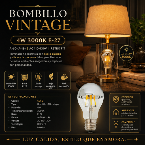 [06260] Bombillo 4w 3000k E-27 VINTAGE A-60 (A-19) AC-110-130V CON RETRO FIT (ILUMINACIÓN