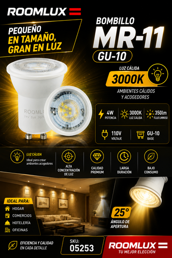 [05253] Bombillo 4w 3000K GU-10 MR-11 110V B04505-GU4 ROOMLUX