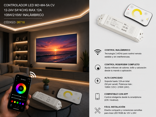[06716] Controlador LED M2+M4-5A CV 12-24V 5A*4CHG MAX 12A 108W/216W/ Inalámbrico