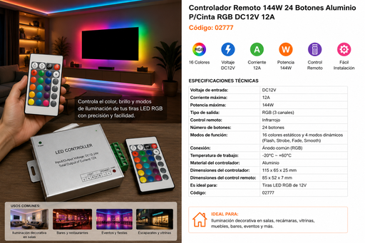 [02777] Controlador Remoto 144W 24 Botones Aluminio P/Cinta RGB DC12V 12A