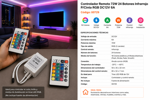 [00729] Controlador Remoto 72W 24 Botones Infrarrojo P/Cinta RGB DC12V 6A no Incluye Fuente
