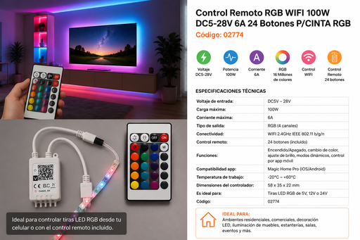 [02774] Control Remoto RGB WIFI 100W DC5-28V 6A 24 Botones P/Cinta RGB