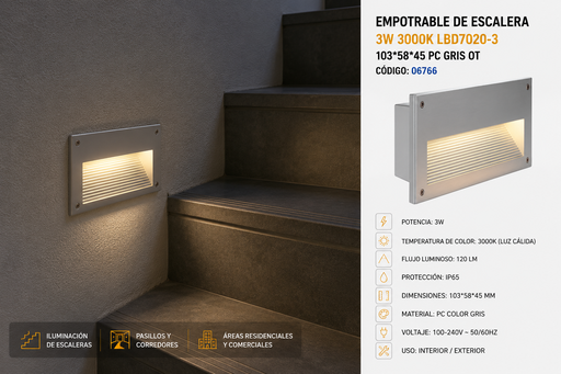 [06766] Empotrable de Escalera 3w 3000k LBD7020-3 103*58*45 PC Gris OT