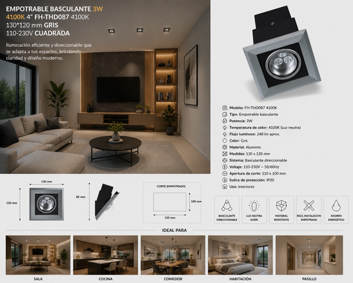 [04901] Empotrable Basculante 3w 4100k 4" FH-THD087 4100K 130*120 mm gris 110-230V Cuadrada