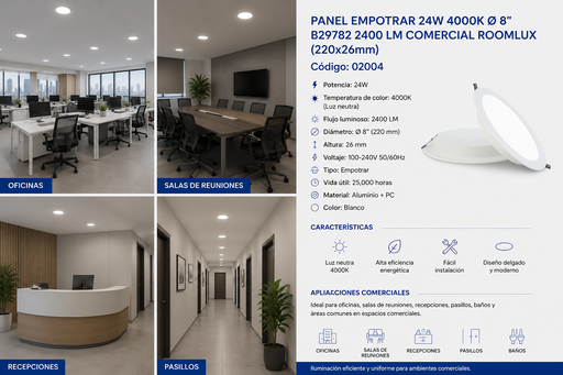 [02004] Panel Empotrar 24W 4000K Ø 8" B29782 2400 LM Comercial ROOMLUX (220x26mm)